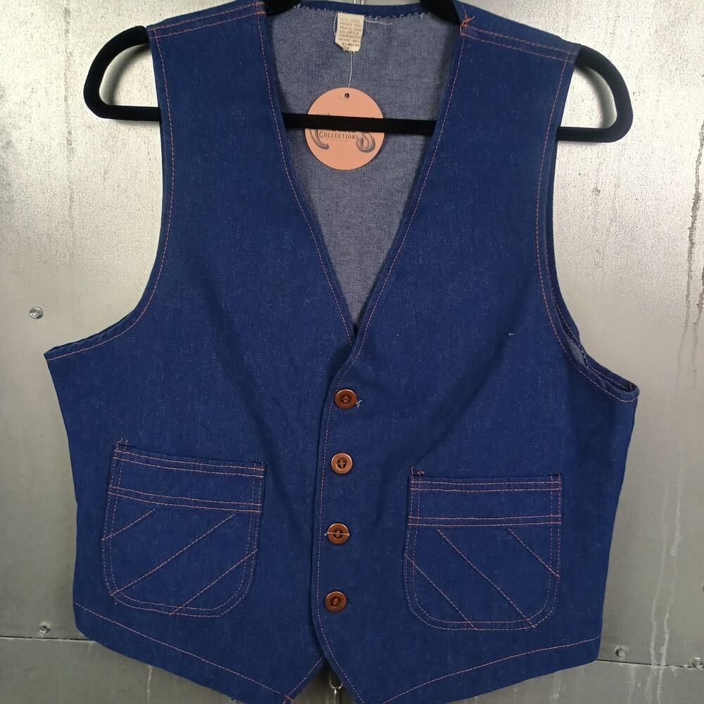 Vintage 70s Denim Vest Country Western Cotton Blend Medium Cowboy Country Light